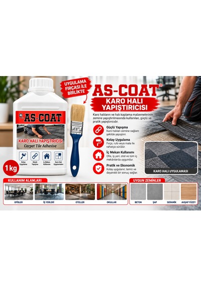 As-coat Karo Halı Yapıştırıcısı 1 Kg Uygulama Fırçası Hediyeli Set