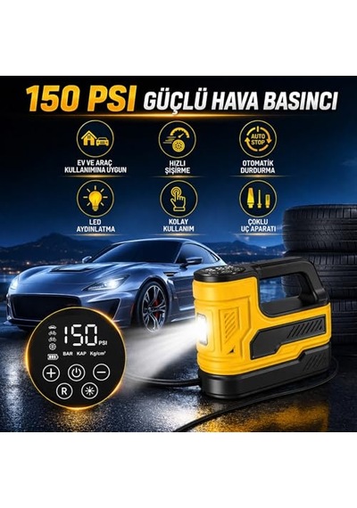 Araç Lastik Hava Kompresörü 150 Psı Taşınabilir Dijital Göstergeli Led Işıklı Hava Pompası Çok Amaçlı Şişirme Cihazı