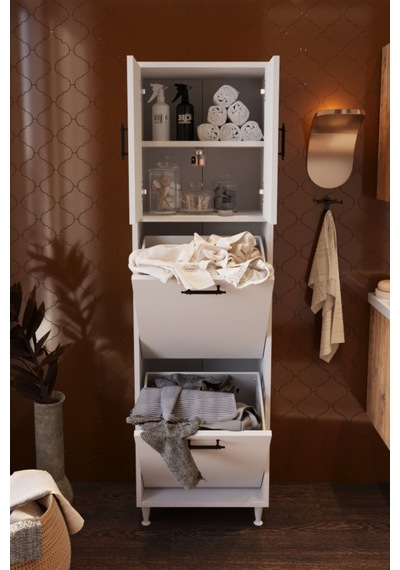Nergiz Çamaşır Sepetli Çok Amaçlı Banyo Dolabı Beyaz Çift Bölmeli Düzenleyici Dolap