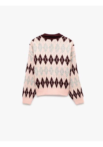 Koton Regular Fit Polo Yaka Uzun Kollu Triko Baklava Desenli Kazak Bordo Desenli 7wal90118ht