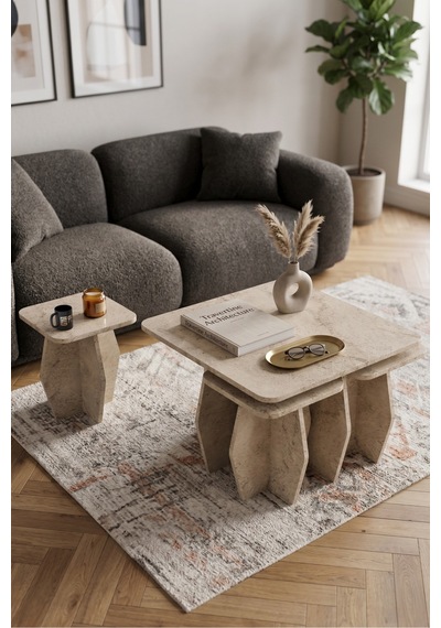 Orta Sehpa Ve Zigon Sehpa 5'li Set Modern Çok Amaçlı Salon Oturma Odası Yan Sehpa 9249 Traverten Ekru