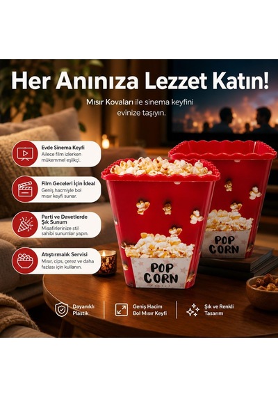 2 Li Popcorn Kovası, Kırmızı Plastik Mısır Kovası Seti, Sinema Gecesi Atıştırmalık Sunum Kabı,