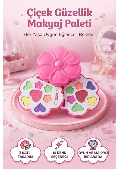 Pembe Çiçek Tasarımlı 2 Katlı Çocuk Makyaj Seti Pembe Sevimli Kutu Tasarımlı Makyaj Seti