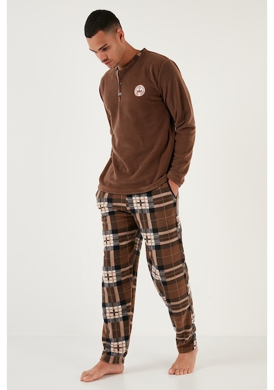 Buratti Ekoseli Regular Fit Düğmeli Bisiklet Yaka Kışlık Polar Erkek Pijama Takımı 60961002 Camel