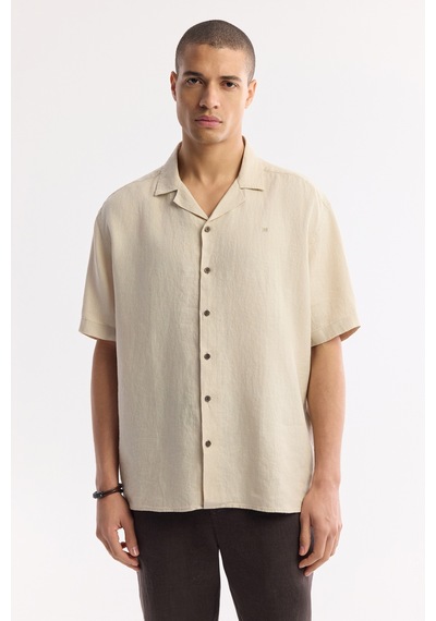 Avva Erkek Bej Apaj Yaka %100 Keten Kısa Kollu Oversize Fit Gömlek A51y2209