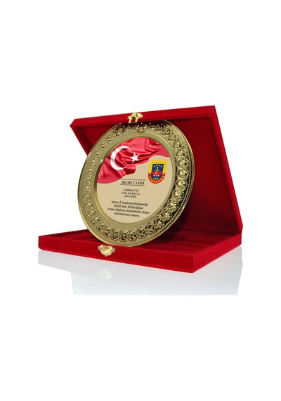 Kişiye Özel Baskılı Kırmızı - Lacivert Kutu 25 Cm Tabak Plaket 30,5x30,5x5,5 Cm Gümüş - Gold