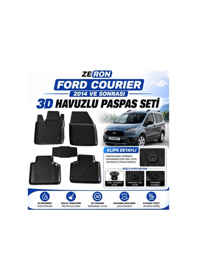Zeron Ford Courier 2014 Ve Sonrası 3d Havuzlu Paspas Seti Su Geçirmez Kaymaz Siyah 5 Parça