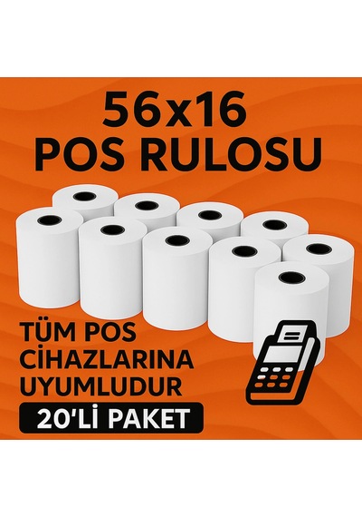 56x16 Termal Pos Kağıdı Rulosu 20'li - Tüm Pos Cihazlara Uyumlu