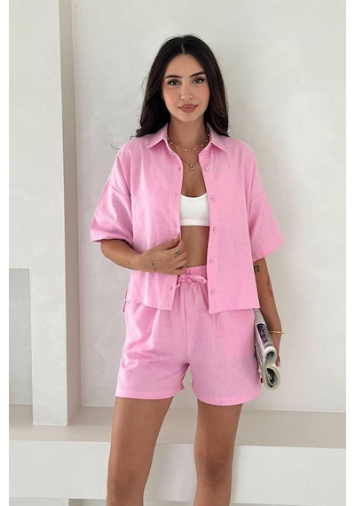 Kadın Açık Mavi Gömlek & Şort Takım Coastal Mood Pembe