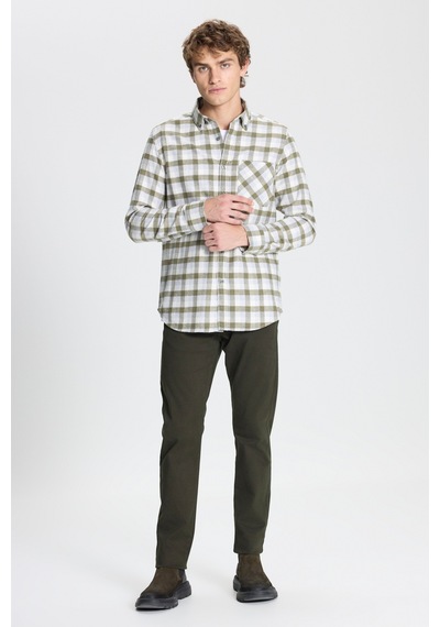 AC&Co / Altınyıldız Classics Erkek Hakı-grı Slim Fit Dar Kesim Düğmeli Yaka Kareli Gömlek Haki - Gri