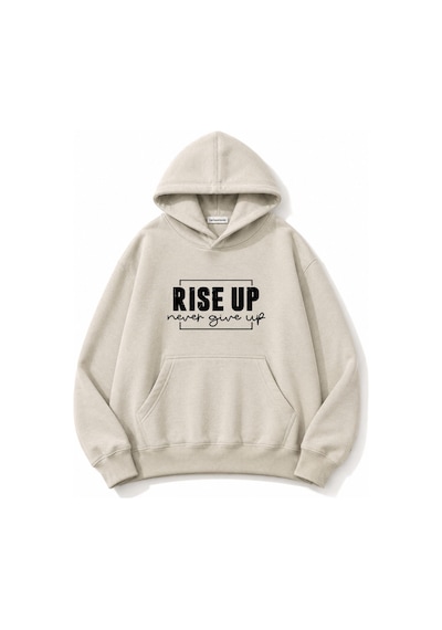 Herkesemoda Rise Up Kapüşonlu Baskılı Kanguru Cepli Oversize Sweatshirt Bej