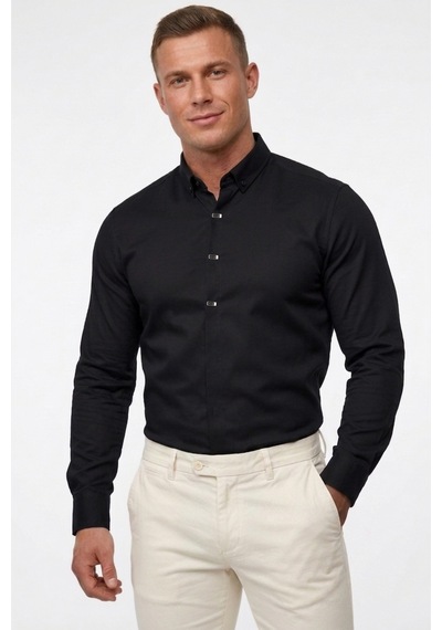 Deepsea Siyah Slim Fit Likralı Kolay Ütülenebilir Gizli Düğmeli Erkek Gömlek 2602614