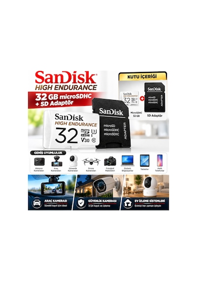 Sandisk High Endurance 32 Gb Microsdhc Hafıza Kartı + Sd Adaptör 100 Mb/s, U3 V30 Class 10, 4k Ful