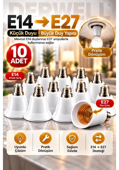 10 Adet E14'ten E27'ye Ampul Duy Dönüştürücü Adaptör - Küçük Duyuyu Büyük Duya Çevirici Aparat, Ev Ve Ofis İçi Pratik Aydınlatma Çözümü, Sağlam Ve Dayanıklı Gövde Yapısı