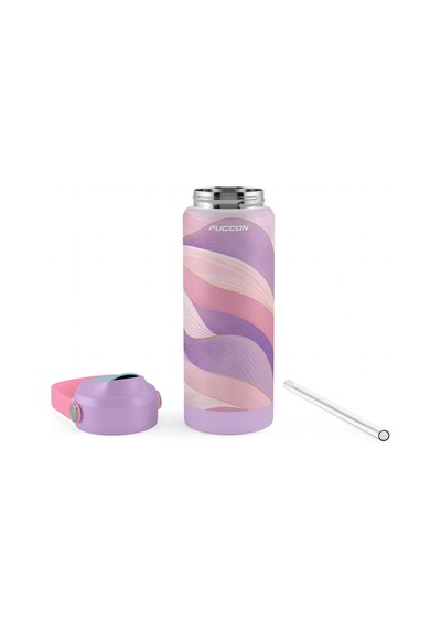 Puccon 540 Ml Dalga Desenli Lila Kız Çocuk Pipetli Çelik Termos Matara/suluk - 60056