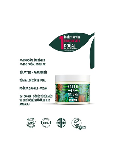 Faith in Nature %99 Doğal Nemlendirici Besleyici Hindistan Cevizi & Shea Yağı Kuru Saç Tipleri İçin Saç Bakım Maskesi 300 ML