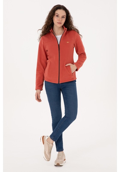 U.S. Polo Assn. Kadın Kiremit Fermuarlı Dik Yaka Polar Sweatshirt 50316729-VR026