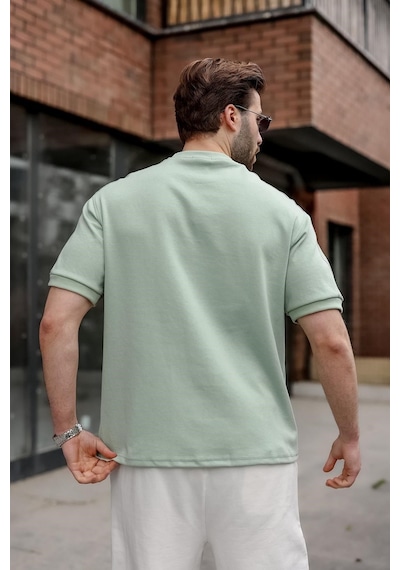 Madmext Mint Yeşili Şerit Detaylı Modern Kesim Erkek Tişört E7182