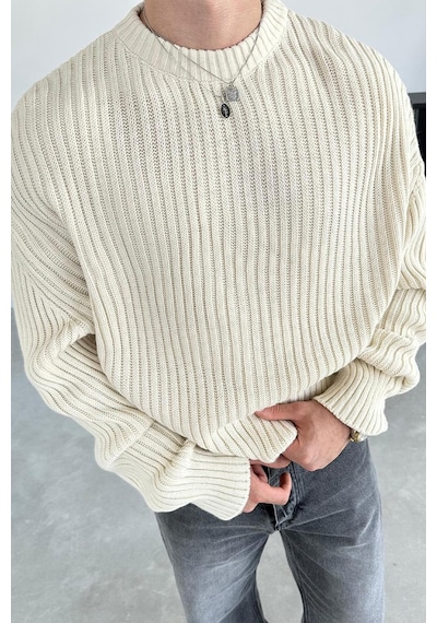 Krem Bisiklet Yaka Fitilli Oversize Triko Kazak Krem