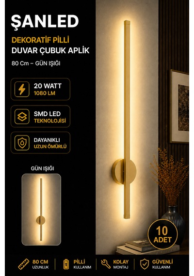 Dekoratif 20w İç Mekan Gold Kasa Gün Işığı Rengi 80 Cm Duvar Aplik Pilli 10 Adet