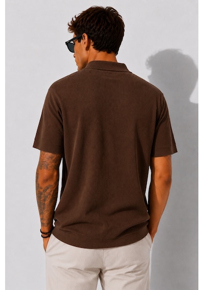 Ribana Erkek Kısa Kollu Fitilli Yarım Düğme Kapama Polo Yaka T-shirt 26001 Kahverengi