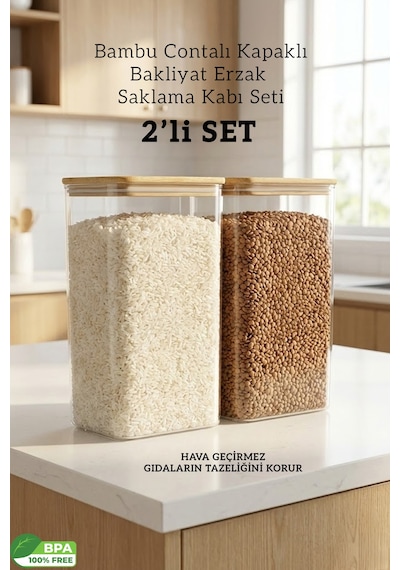 Bambu Kapaklı 2 Li Ekstra Geniş Dikdörtgen Hava Geçirmez Çok Amaçlı Saklama Kabı - 3100 Ml Şeffaf