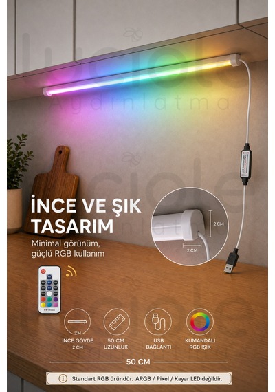 50 Cm Rgb Led Bar Rf Kumandalı Usb Renk Değiştiren Yapışkanlı Gaming Masa Dolap Raf Aydınlatma