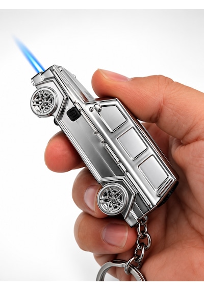 Metal Arazi Aracı Tasarımlı Gazlı Anahtarlıklı Çakmak Alev Ayarlı Dekoratif Model Gri