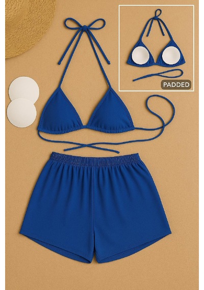 Moda Dua Kadın Mavi Şortlu Belden Ve Boyundan Bağlamalı Bikini Takımı