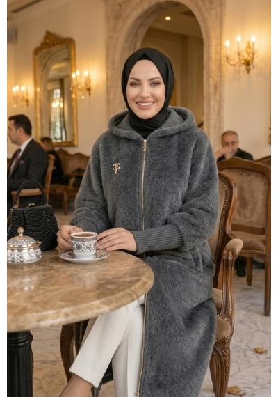 Hb Harma Time Butik Kadın Fermuarlı Kapüşonlu Angora Gri Kürk Kaban Gri Gri
