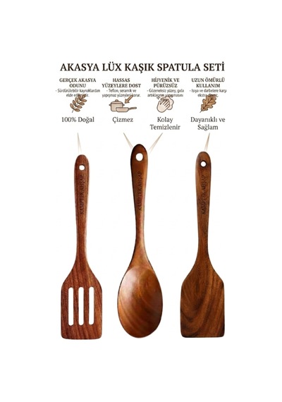 Kamptek Akasya Ahşap 3'lü Mutfak Seti Spatula Ve Kaşık Takımı