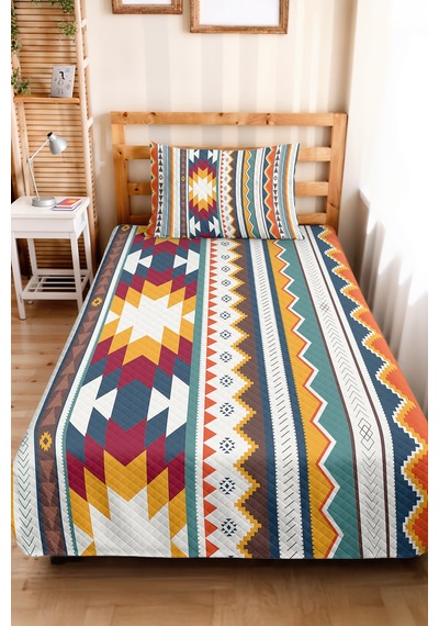 Etnik Geometrik Turkuaz Genç Odası Tek Kişilik Pike Takımı - Bohem Hardal 160x220 Cm Yatak Örtüsü Mercansı Ot Aurası