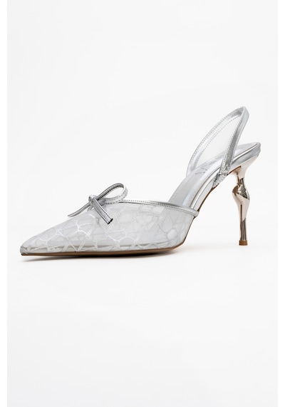 Luvishoes Luvi Shoes Peony Gümüş Fileli Fiyonklu Sivri Burun Kadın Topuklu Ayakkabı Gümüş
