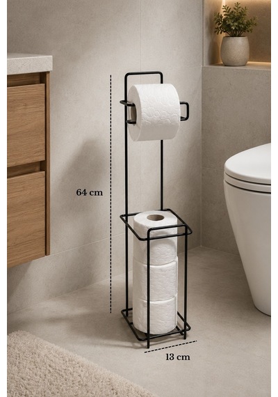 Siyah Metal Ayaklı Tuvalet Kağıtlığı Ve Yedek Rulo Standı Modern Wc Kağıtlık