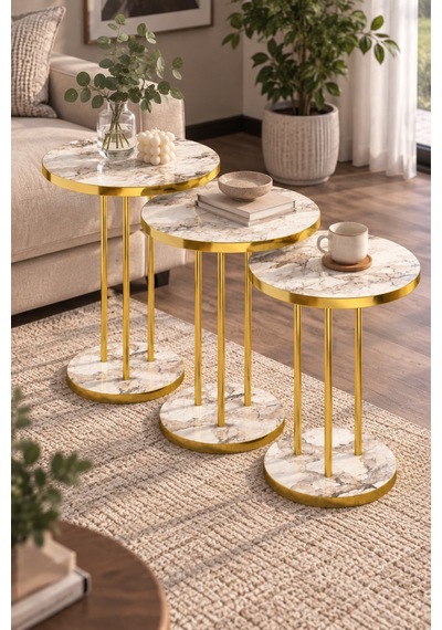 Sulorahome Efes Mermer Desenli Beyaz Ve Gold Metal Ayaklı 3'lü Zigon Sehpa Takımı Tablalar Beyaz Mermer / Ayaklar Gold