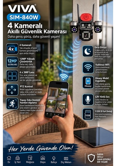 Viva Sım-840w 4 Kameralı Akıllı Güvenlik Kamerası 12mp Wifi Ptz Aı Hareket Takipli Renkli Gece Görüşlü Dış Mekan Ip Kamera