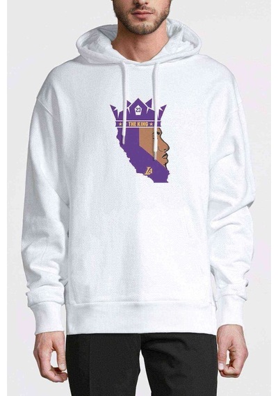 The King 23 La Basketbol Baskılı Beyaz Erkek Kapşonlu Sweatshirt