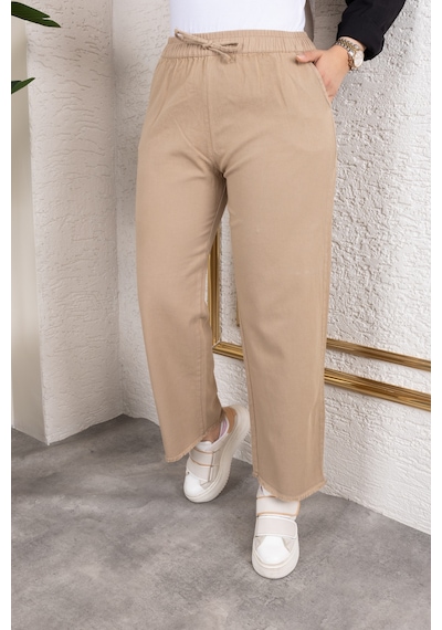 Nevayla Moda Beli Lastikli Keten Pantolon - Vizon / A0104 Vizon