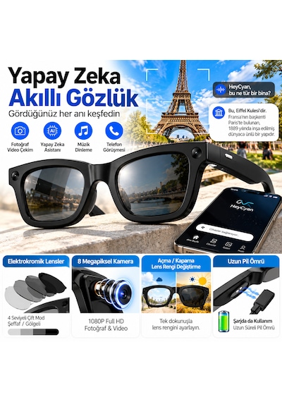 Yapay Zeka Destekli Akıllı Gözlük 8 Mp Kamera, 1080p Full Hd Video, Bluetooth, 4 Kademeli Elektrokromik Lens, Fotoğraf Ve Video Çekimi, Siyah