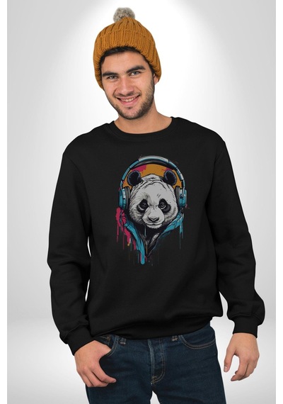 Kulaklık Ayı Panda Unisex Siyah Baskılı Sweatshirt Siyah