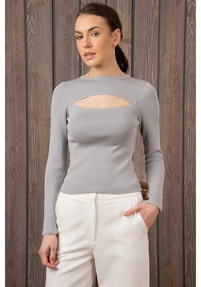 Aqe Fashion Kadın Degajeli Uzun Kollu Gri Bluz-Gri