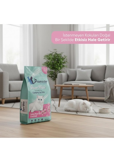 Süper Beyaz Doğal Bentonit Topaklanan Kedi Kumu Bebek Pudrası Kokulu 5 Lt