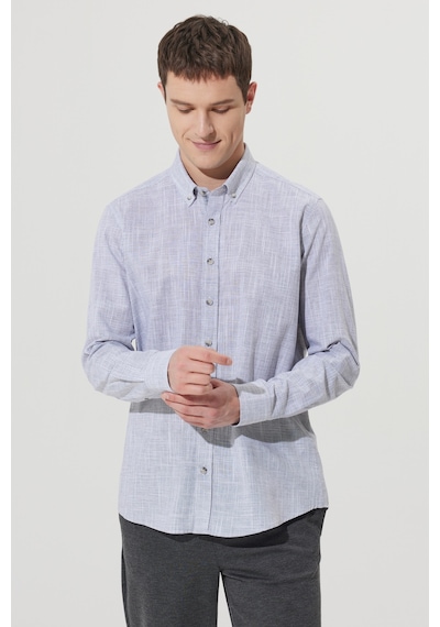 AC&Co / Altınyıldız Classics Erkek Antrasıt Slim Fit Dar Kesim Düğmeli Yaka Keten Görünümlü %100 Pamuk Flamlı Gömlek Antrasıt Antrasit