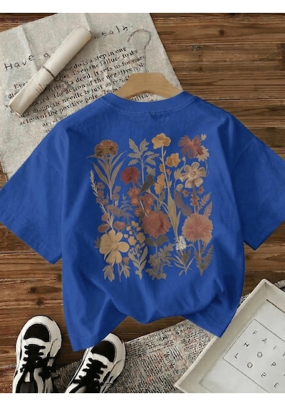 Retro Botanik Sırt Baskılı Çiçek Desenli Premium Kadın Oversize T-shirt Sax Mavısı