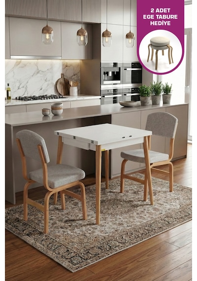 Vilinze Ege Sandalye Avanos Ahşap Mdf Mutfak Masası Takımı - 70x140 Cm Beyaz