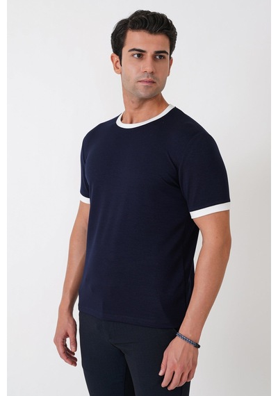Efor Slim Fit Bisiklet Yaka Lacivert-ekru Tişört Ts 932