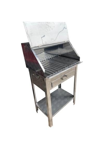 Paslanmaz Kömürlü Mangal Çekmeceli 35 X 50 Cm Sehpalı Kapaklı Barbekü Gri