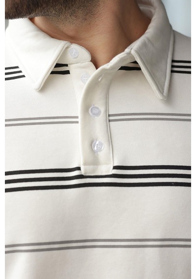 Madmext Ekru Çizgili Polo Yaka Erkek Sweatshirt E7172 Ekru