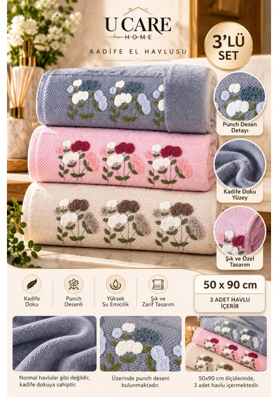 3 Adet Punch İşlemeli Ultra Lüx Kadife Tuşeli Çeyizlik El Havlusu Seti 50x90 Cm 3'lü Kadife Havlu Seti - 945269005 3'lü Kadife Havlu Seti
