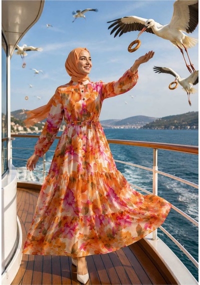 Hb Harma Time Butik Kadın Düğmeli Desenli Modal Kumaş Turuncu Elbise Orange Orange